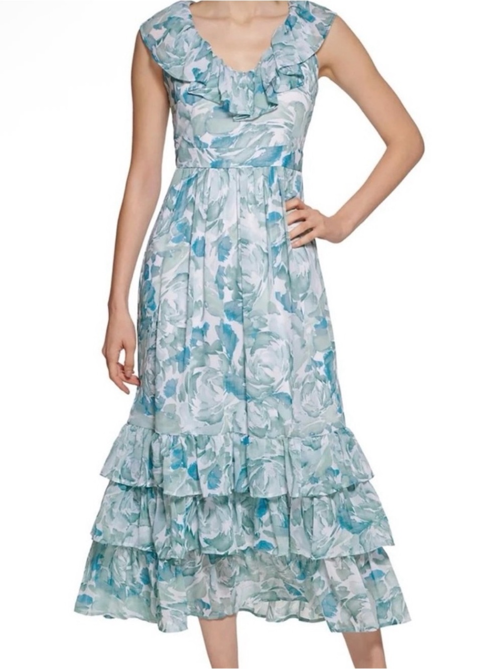 Calvin Klein Womens Green Chiffon Floral Tiered Maxi Dress Size 12
